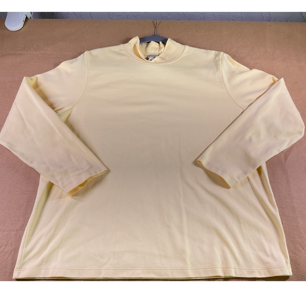 LL Bean Womens 1X Pale Yellow Mock Neck Top 100% Supima Cotton Long Sleeve 0YF15